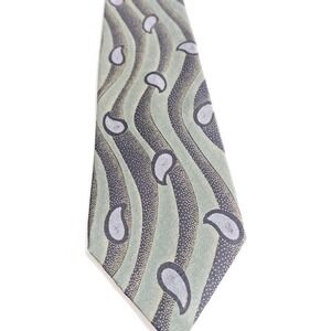 Vintage Karl Lagerfeld Tie Abstract Green Grey Teardrop 100% Silk Art to Wear